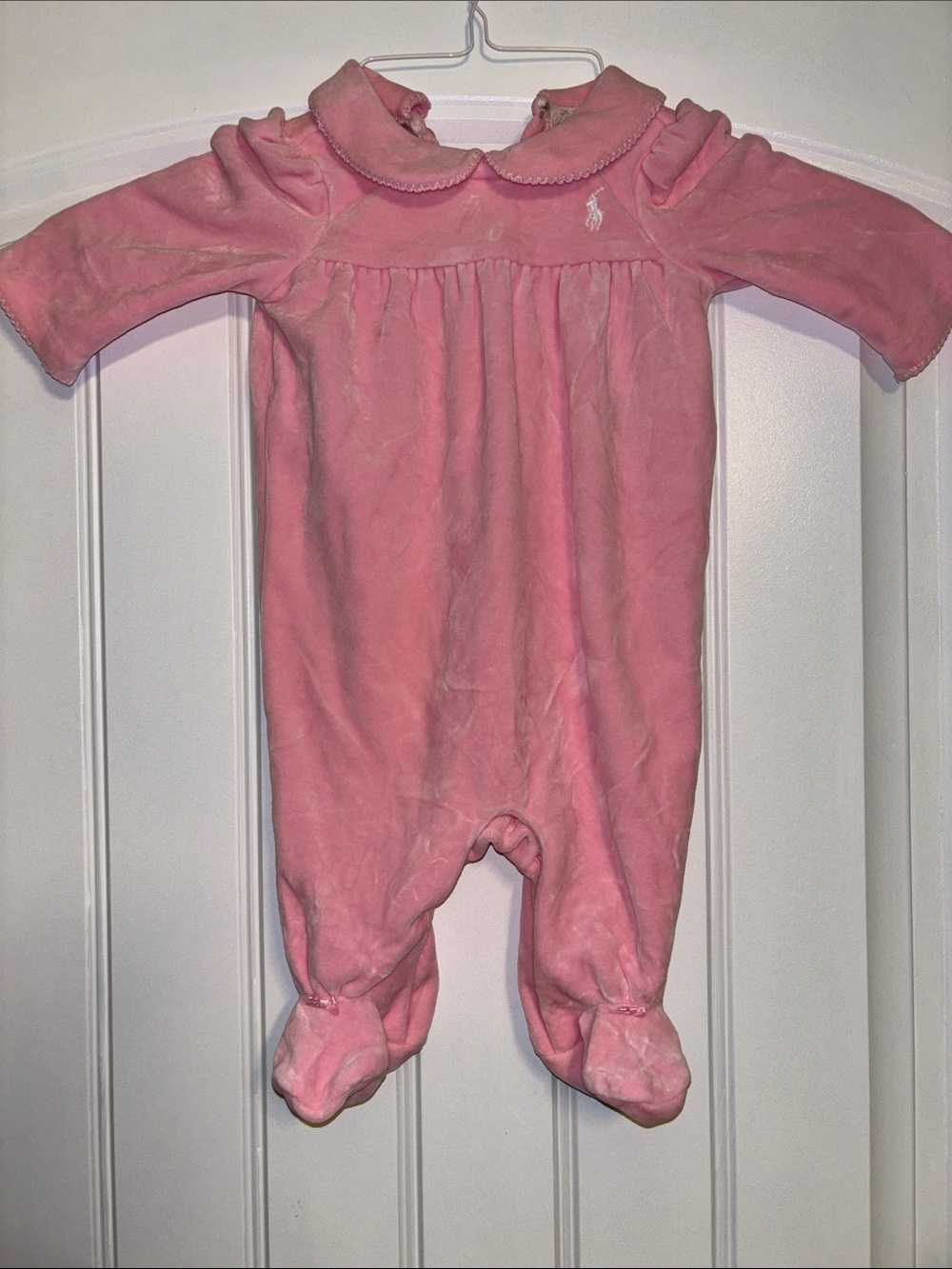 Vintage White Label Ralph Lauren Pink Velour Footed One-Piece Scalloped Collar